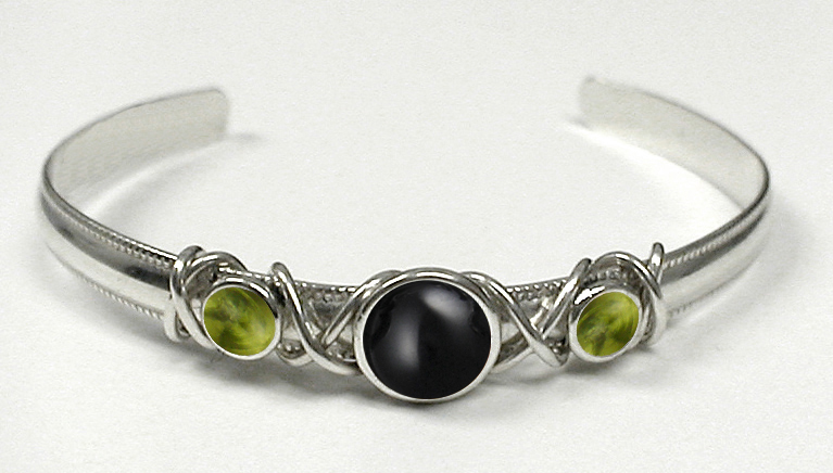 Sterling Silver Hand Made Cuff Bracelet With Black Onyx And Peridot